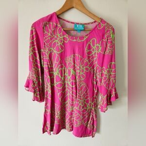 Escapade pink and green palm leaf blouse